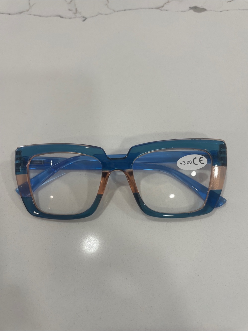 Blue and Tan Rectangular Reading Glasses (+3.00)
